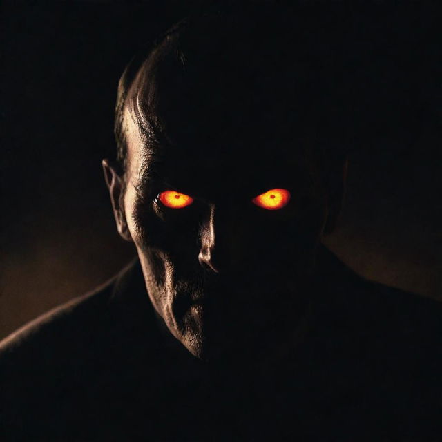 A menacing, pulp style character evoking a sense of evil, its eyes glowing ominously in the dark