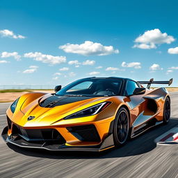 A modern hypercar featuring a prominent pointed-out nose design with a Corvette badge, crafted for high performance