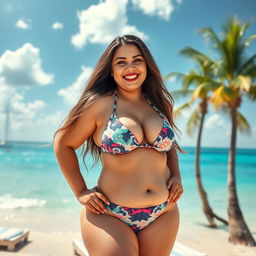 A hot chubby girl confidently wearing a stylish bikini, standing by a scenic beach with clear blue waters and a bright sun shining down