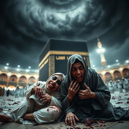 A wide shot of a horrifying scene in front of the Ka'bah, showcasing an Indonesian Muslim couple, both furniture entrepreneurs, on their knees in ihram clothing