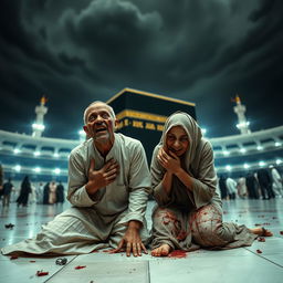 A wide shot of a horrifying scene in front of the Ka'bah, showcasing an Indonesian Muslim couple, both furniture entrepreneurs, on their knees in ihram clothing