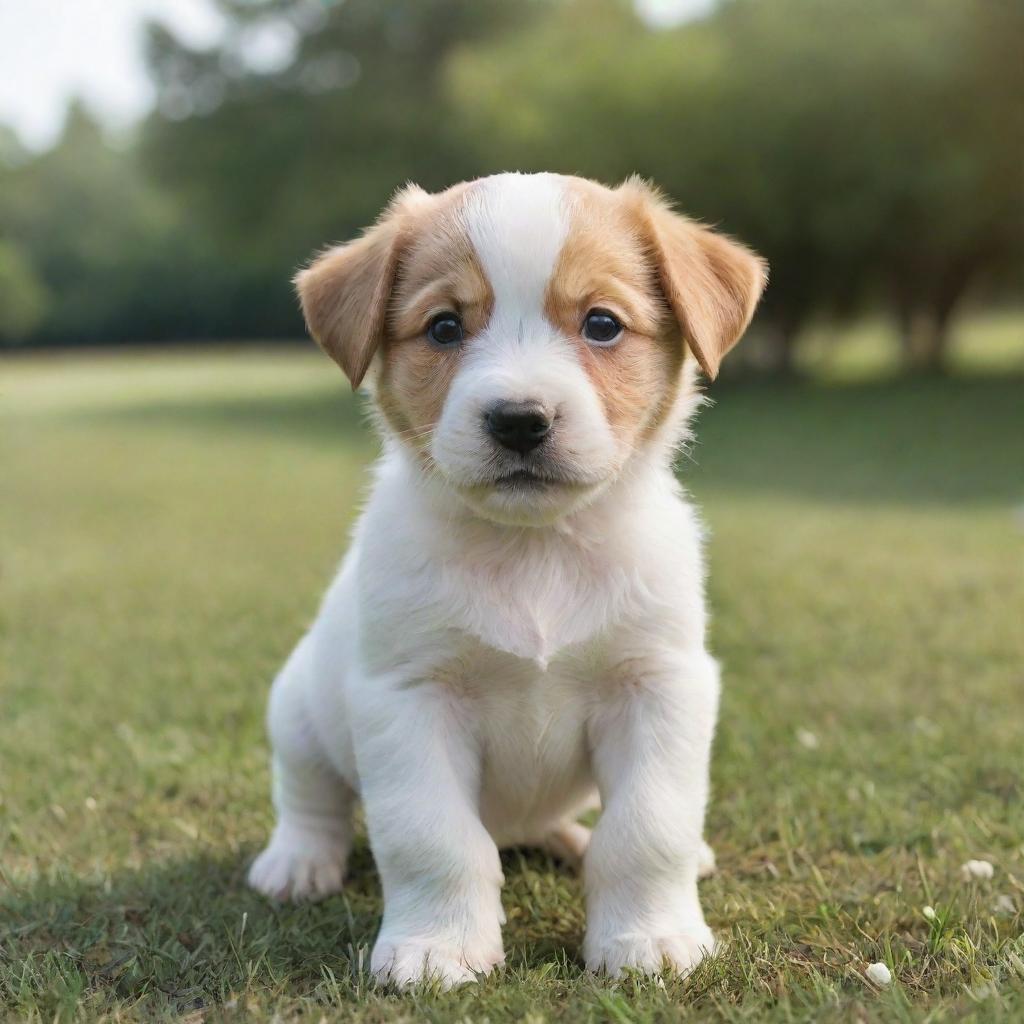 Generate an image of an adorable, playful puppy in a serene environment