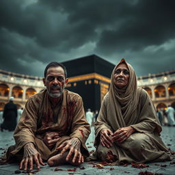 A wide shot of a horrifying scene in front of the Ka'bah, showcasing an Indonesian Muslim couple, both furniture entrepreneurs, on their knees in ihram clothing