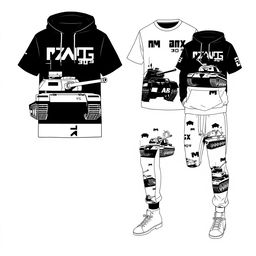 A 2D black and white clothing design inspired by the Amx 30 B2 tank