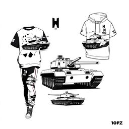 A 2D black and white clothing design inspired by the Amx 30 B2 tank