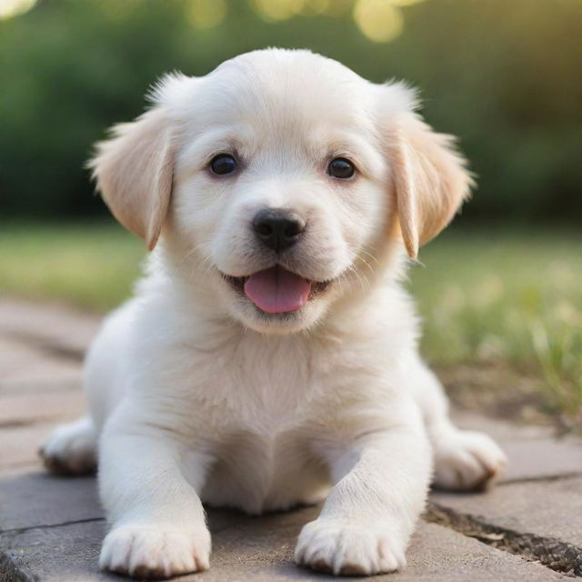 Generate an image of an adorable, playful puppy in a serene environment