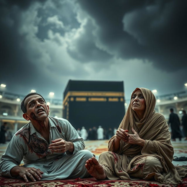 A wide shot of a horrifying scene in front of the Ka'bah, featuring an Indonesian Muslim couple, both furniture entrepreneurs, on their knees in ihram clothing