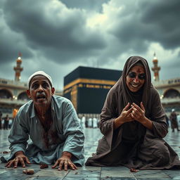 A wide shot of a horrifying scene in front of the Ka'bah, featuring an Indonesian Muslim couple, both furniture entrepreneurs, on their knees in ihram clothing