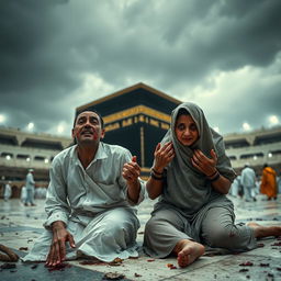 A wide shot of a horrifying scene in front of the Ka'bah, featuring an Indonesian Muslim couple, both furniture entrepreneurs, on their knees in ihram clothing