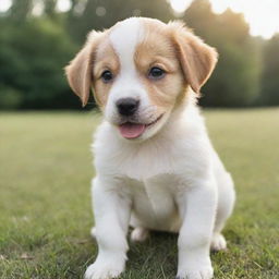 Generate an image of an adorable, playful puppy in a serene environment