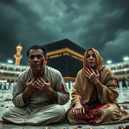 A wide shot of a horrifying scene in front of the Ka'bah, featuring an Indonesian Muslim couple, both furniture entrepreneurs, on their knees in ihram clothing