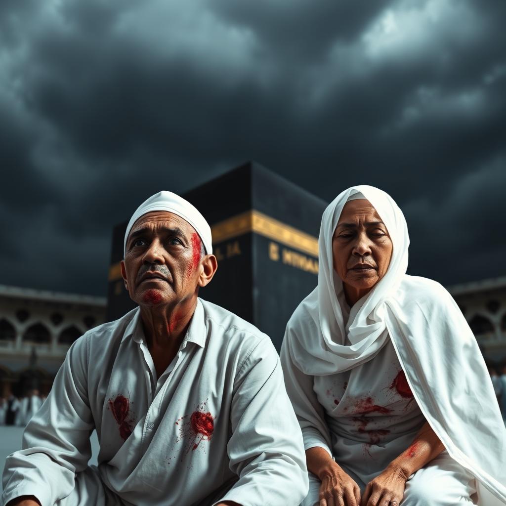 A wide shot of an Indonesian Muslim couple, both dressed in white ihram garments, kneeling in front of the Ka'bah beneath a dark, stormy sky