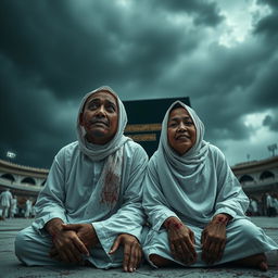 A wide shot of an Indonesian Muslim couple, both dressed in white ihram garments, kneeling in front of the Ka'bah beneath a dark, stormy sky