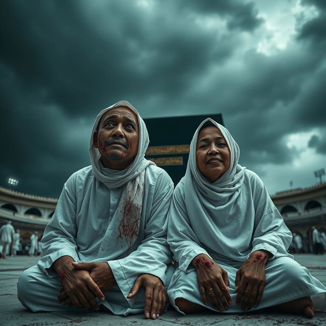 A wide shot of an Indonesian Muslim couple, both dressed in white ihram garments, kneeling in front of the Ka'bah beneath a dark, stormy sky