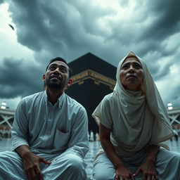 A wide shot of an Indonesian Muslim couple, both dressed in white ihram garments, kneeling in front of the Ka'bah beneath a dark, stormy sky