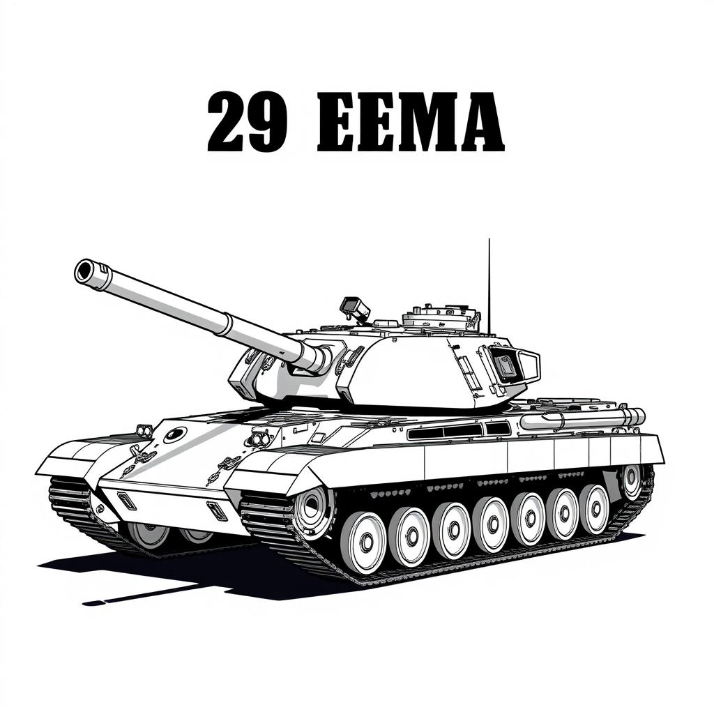 A 2D illustration of the AMX 30 B2 tank rendered in black and white, showcasing its distinctive features and details