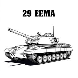 A 2D illustration of the AMX 30 B2 tank rendered in black and white, showcasing its distinctive features and details