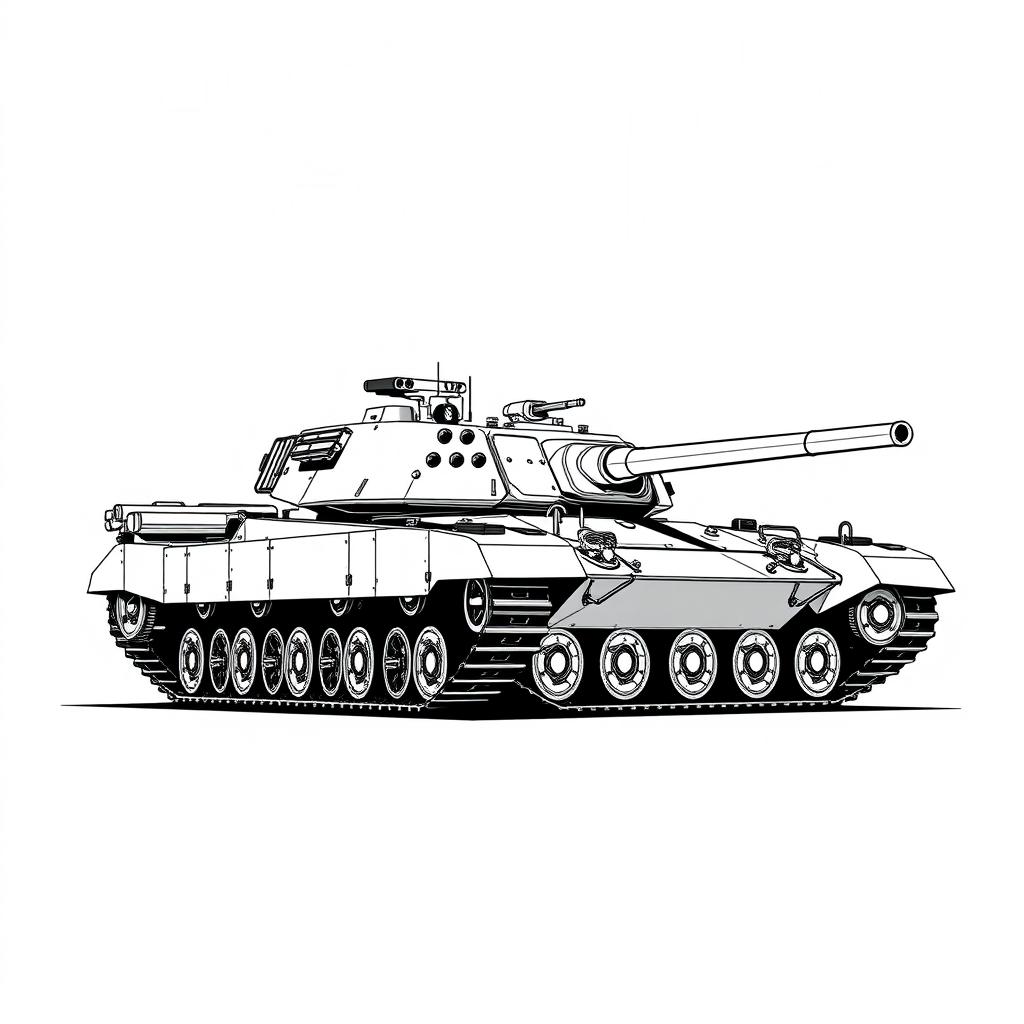 A 2D artistic rendering of an AMX 30 B2 tank, depicted in striking black and white