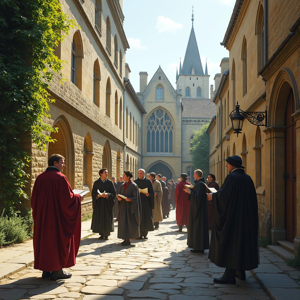 A historical scene depicting medieval Oxford, showcasing ancient stone buildings with distinctive architecture, such as arched windows and spires