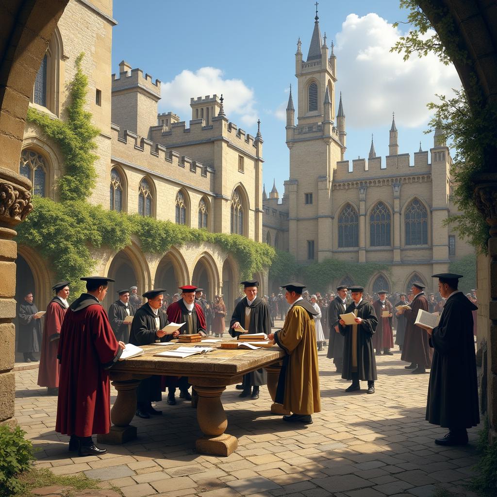 A historical scene showcasing Oxford University, featuring ancient stone buildings with iconic architecture such as towers, arches, and intricate facades