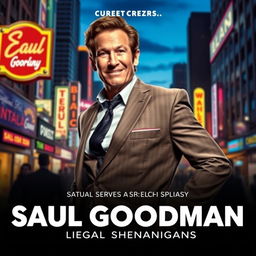 A movie poster for a fictional series featuring a charismatic lawyer character inspired by Saul Goodman, styled after a crime drama