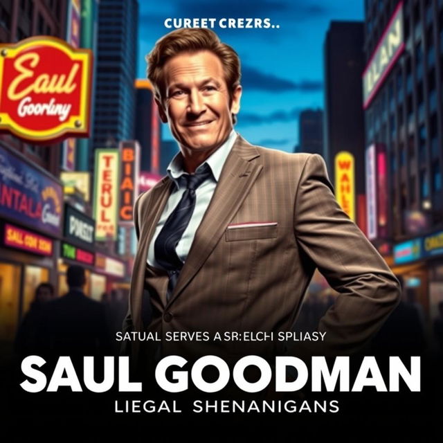 A movie poster for a fictional series featuring a charismatic lawyer character inspired by Saul Goodman, styled after a crime drama