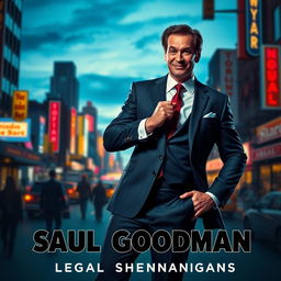 A movie poster for a fictional series featuring a charismatic lawyer character inspired by Saul Goodman, styled after a crime drama