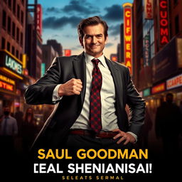 A movie poster for a fictional series featuring a charismatic lawyer character inspired by Saul Goodman, styled after a crime drama