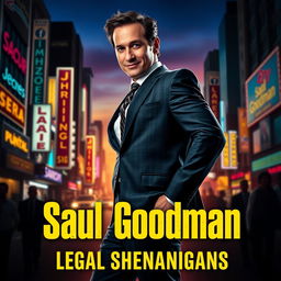 A movie poster for a fictional series featuring a charismatic lawyer character inspired by Saul Goodman, styled after a crime drama