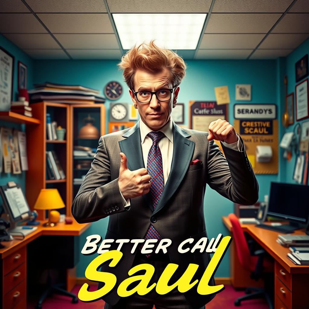 A poster design inspired by the show 'Better Call Saul', featuring a character resembling a stylish, witty lawyer named Saul Goodman