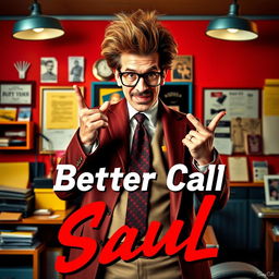 A poster design inspired by the show 'Better Call Saul', featuring a character resembling a stylish, witty lawyer named Saul Goodman