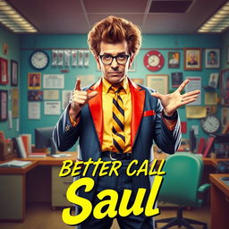 A poster design inspired by the show 'Better Call Saul', featuring a character resembling a stylish, witty lawyer named Saul Goodman