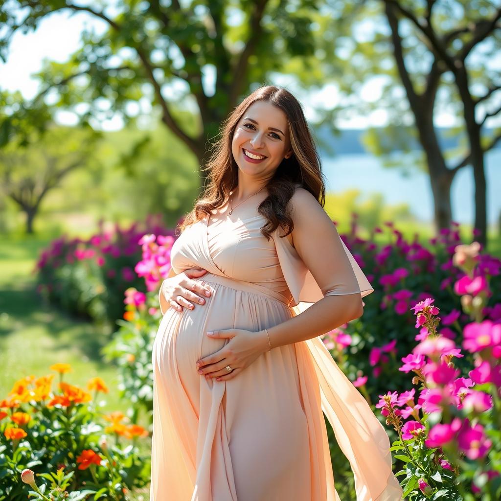 A joyful and glowing pregnant woman in a beautiful outdoor setting, surrounded by vibrant flowers and greenery