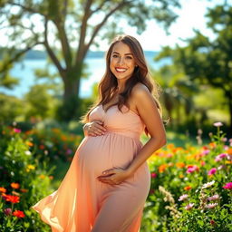 A joyful and glowing pregnant woman in a beautiful outdoor setting, surrounded by vibrant flowers and greenery