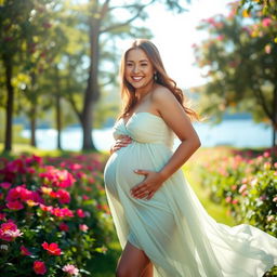 A joyful and glowing pregnant woman in a beautiful outdoor setting, surrounded by vibrant flowers and greenery