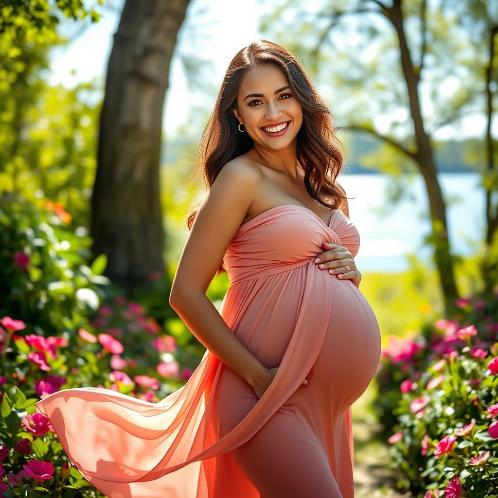 A joyful and glowing pregnant woman in a beautiful outdoor setting, surrounded by vibrant flowers and greenery