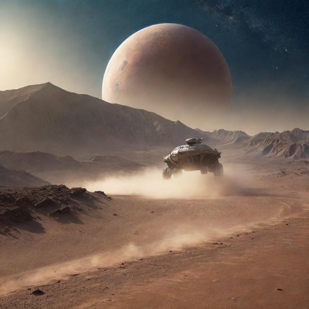 A vehicle moving across the unique mountainous desert terrain of an alien planet, leaving a trail of dust, with Earth visible in the star-filled sky.