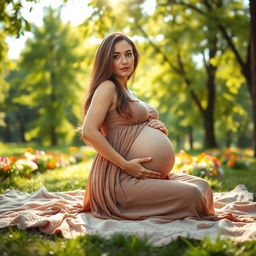 A serene and radiant pregnant woman with a big belly, sitting gracefully on a soft, lush blanket in a peaceful park setting