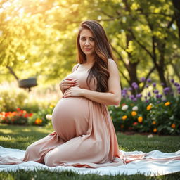 A serene and radiant pregnant woman with a big belly, sitting gracefully on a soft, lush blanket in a peaceful park setting