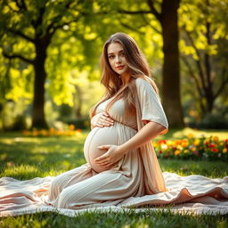 A serene and radiant pregnant woman with a big belly, sitting gracefully on a soft, lush blanket in a peaceful park setting