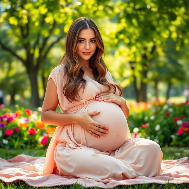 A serene and radiant pregnant woman with a big belly, sitting gracefully on a soft, lush blanket in a peaceful park setting