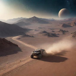 A vehicle moving across the unique mountainous desert terrain of an alien planet, leaving a trail of dust, with Earth visible in the star-filled sky.