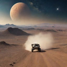 A vehicle moving across the unique mountainous desert terrain of an alien planet, leaving a trail of dust, with Earth visible in the star-filled sky.