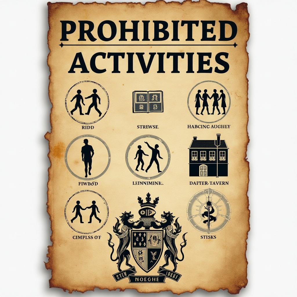 An old parchment-style poster with a weathered texture, featuring the bold title 'Prohibited Activities' at the top in vintage typography