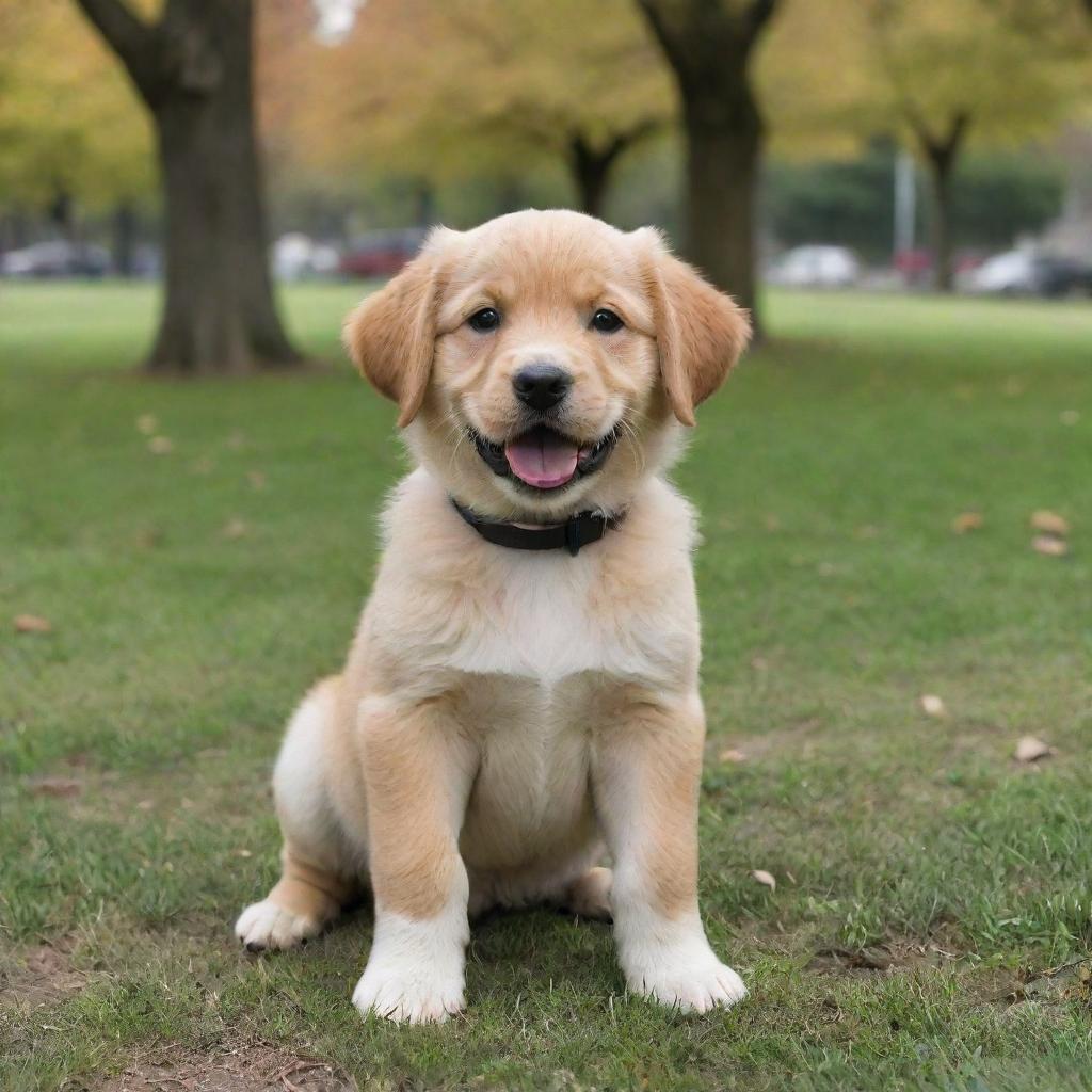 Generate an image of an unusually large, playful puppy in a park