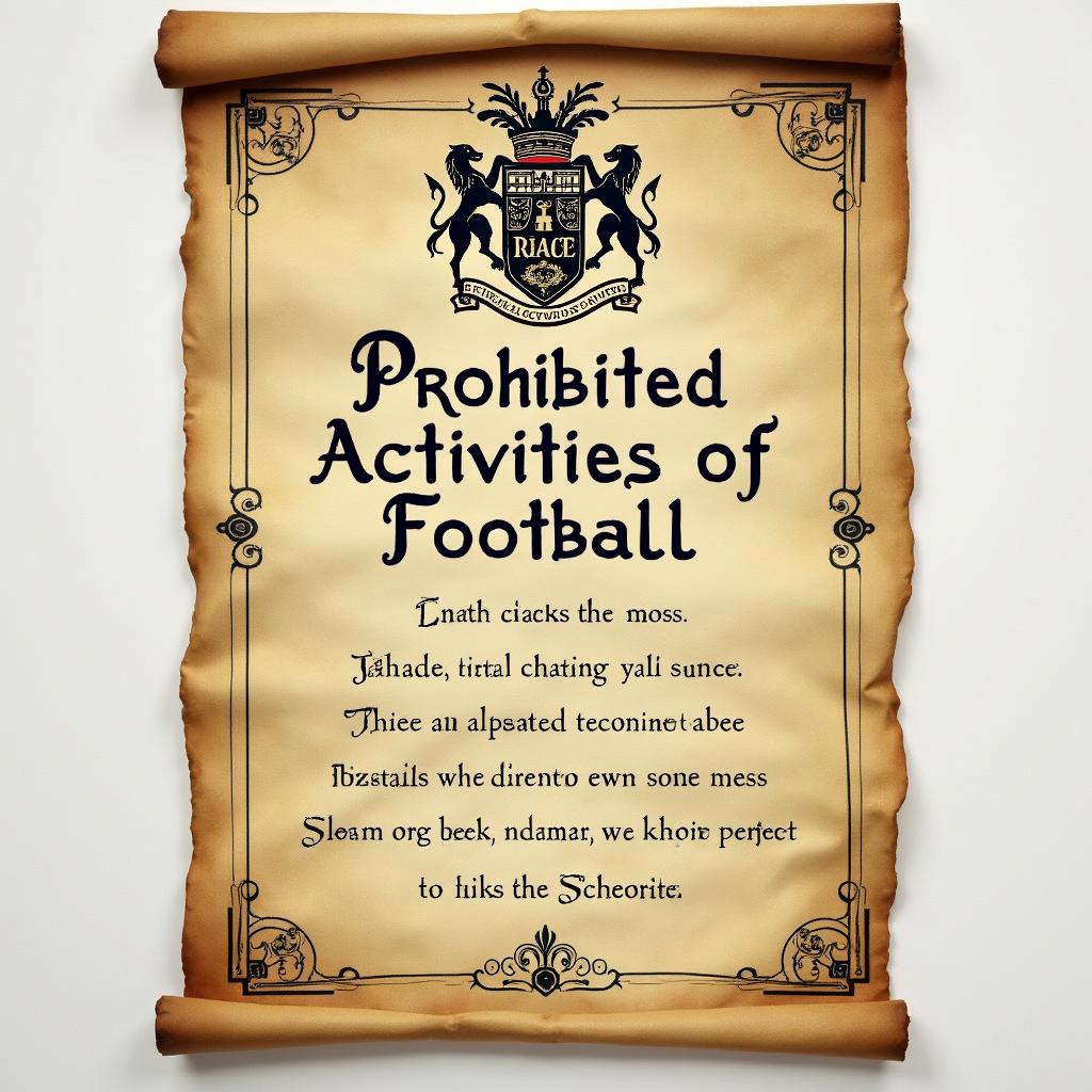 An old parchment-style poster featuring the title "Prohibited Activities of Football" prominently displayed in an elegant, vintage font