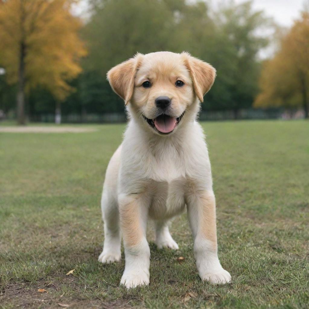 Generate an image of an unusually large, playful puppy in a park