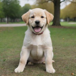 Generate an image of an unusually large, playful puppy in a park