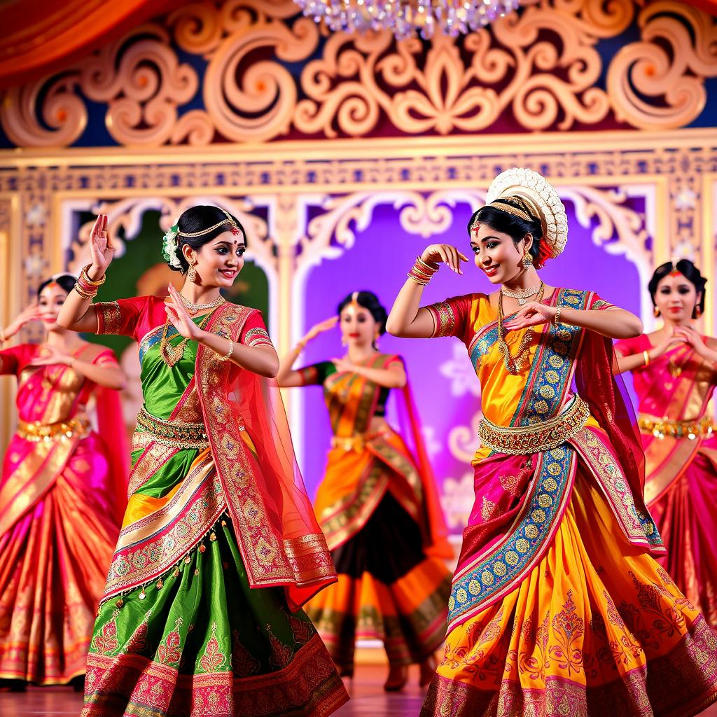 An exquisite traditional Indian dance performance featuring elegantly dressed dancers adorned in colorful, intricate costumes