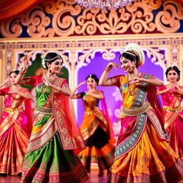 An exquisite traditional Indian dance performance featuring elegantly dressed dancers adorned in colorful, intricate costumes